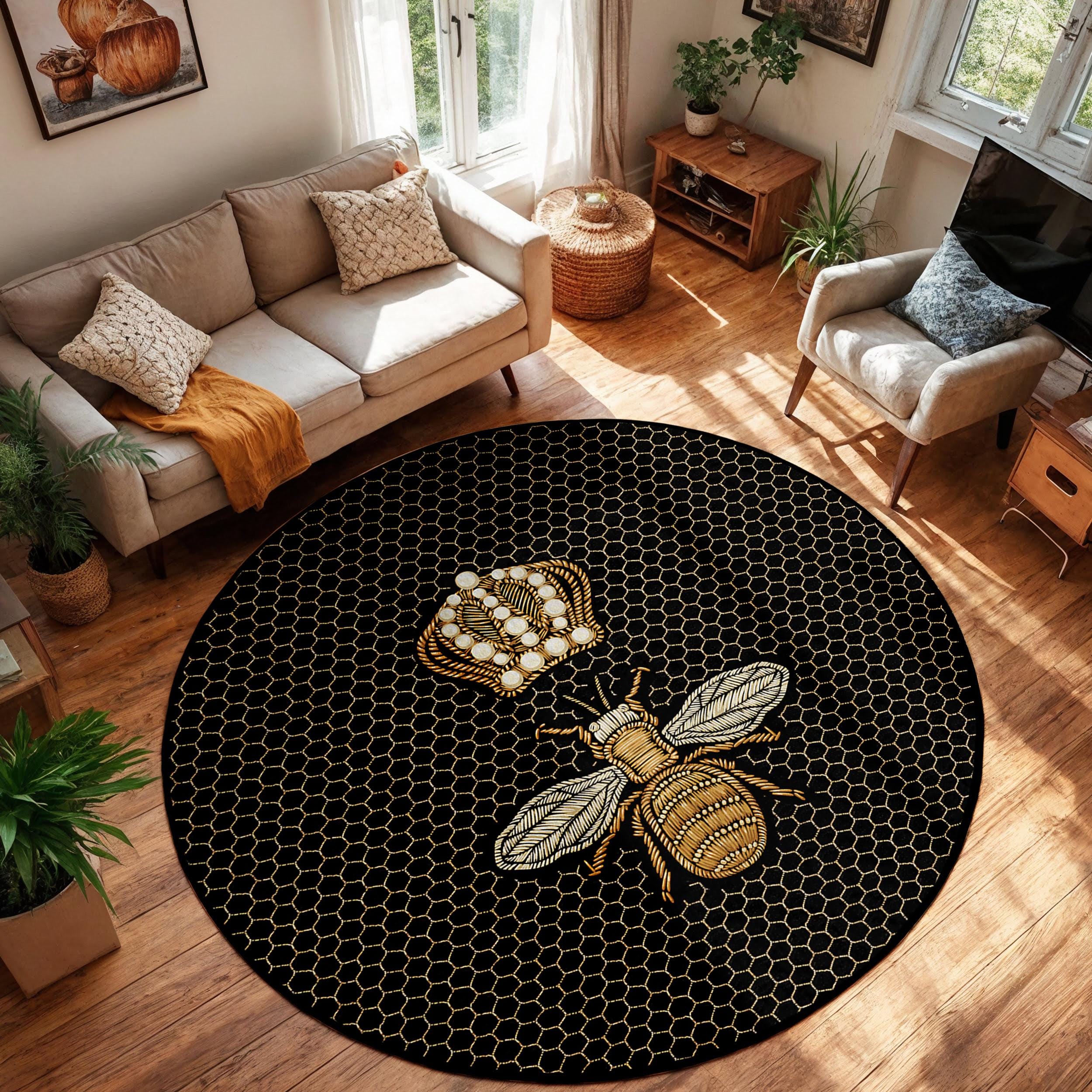 Golden Crown Bee Round Rug-black Honeycomb Circle Carpet-bee Hive ...