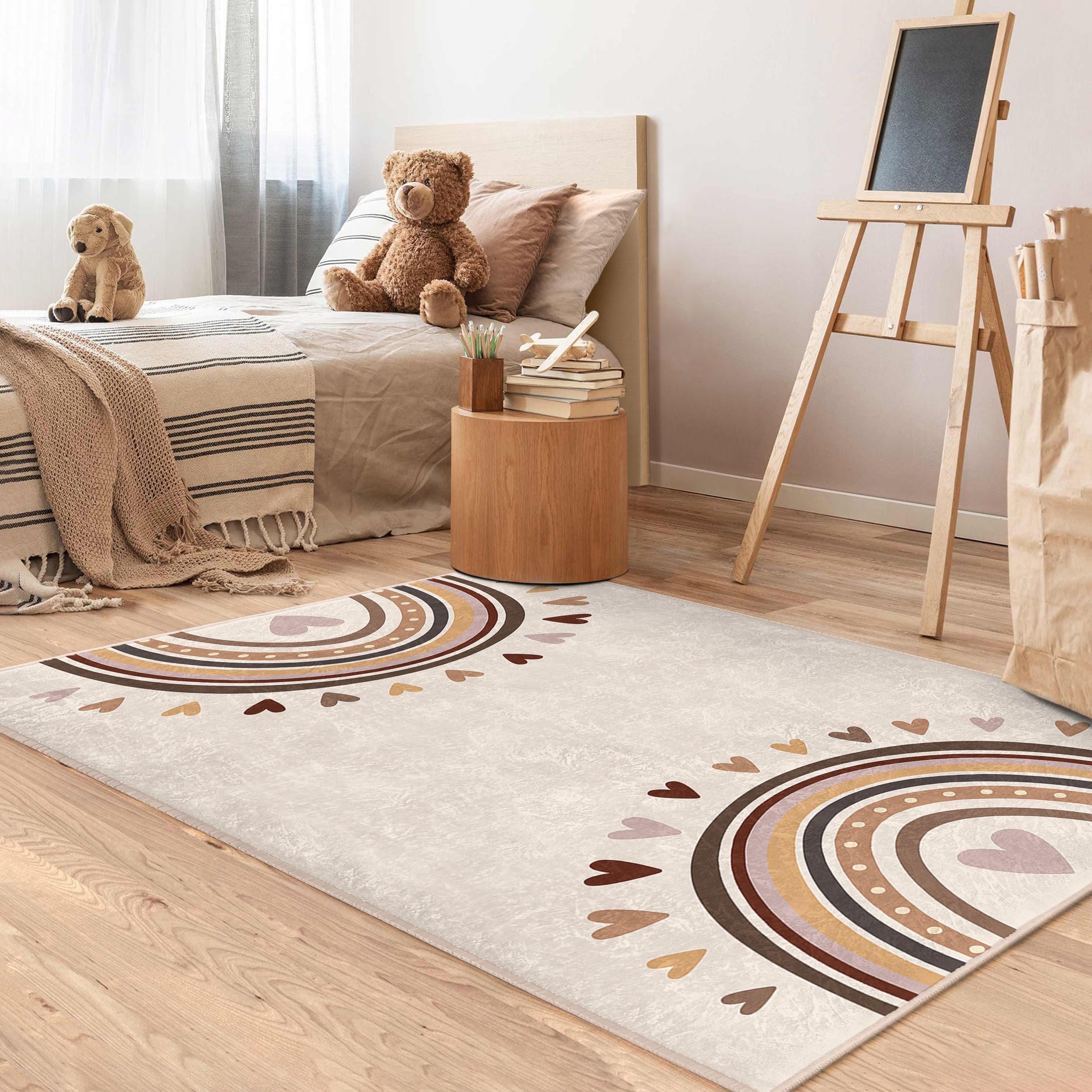 Rainbow Hearts Beige Nursery Carpet-Colorful Arched Hearts Design Playmat-Boho Style Kids Room Carpet-Chic Nursery Rug-Baby Room Decor Mat