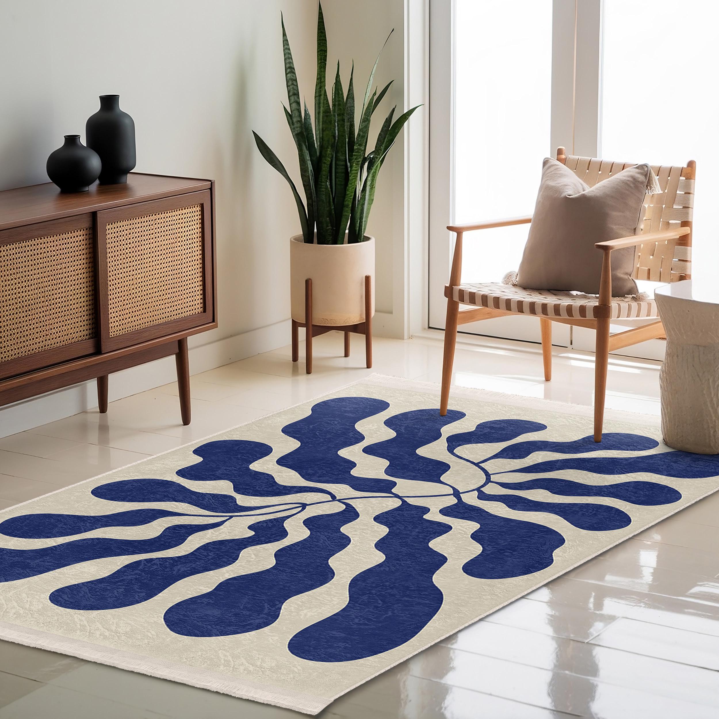 Blue Abstract Ripple Area Rug-vintage Wave Motif Mat-contemporary