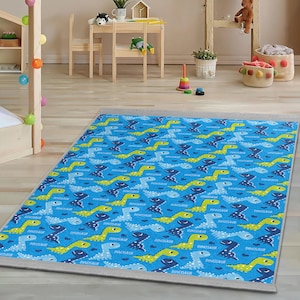 Colorful Dinosaur Play Nursery Carpet-Dino Blue Green Pattern Kids Room Rug-Fun Jurassic Baby Room Rug-AntiSlip Child Room Rug-Adventure Mat
