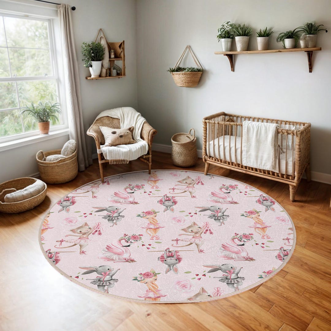 Ballet Animals Pink Circle Carpet-dancing Bunnies Swan Roses-cute ...