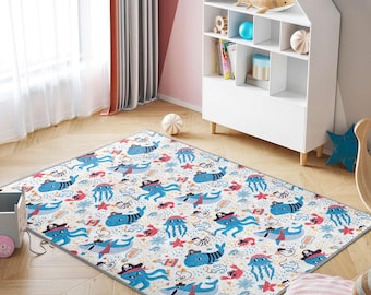 Underwater Adventure Kids Room Rug-Pirate Creatures Blue Playmat-Ocean Theme Nursery Carpet-Anti-Slip Child Room Rug-Washable Baby Room Rug