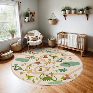 Dinosaur Adventure Kids Room Round Rug-Dino Path Play Circle Carpet-Volcano Tracks Nursery Rug-Prehistoric Green Playroom Mat-Jungle Carpet