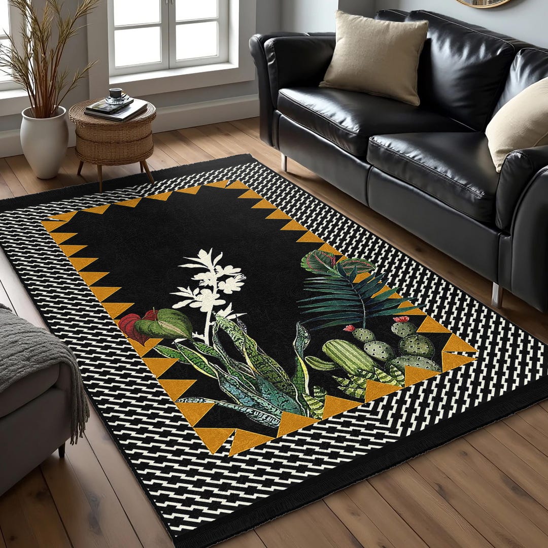 Black Botanical Foliage Area Rug - Zigzag Border Triangle Accent Mat ...
