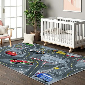 Race Track Adventure Kids Room Rug-Road Circuit Gray Nursery Carpet-Vibrant Cars Child Room Rug-Speed Racing Playmat-Anti Slip Toodler Mat