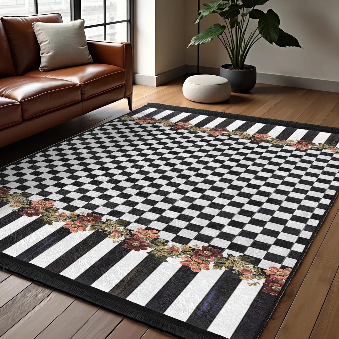 Striped Border Rug Checkered Floral Border Area Rug-black White Stripes Mat-vintage ...