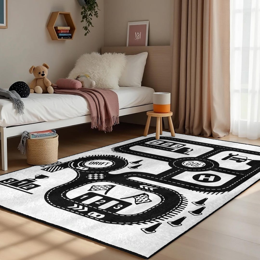 Monochrome Race Track Kids Room Rug-road Circuit Black and White ...