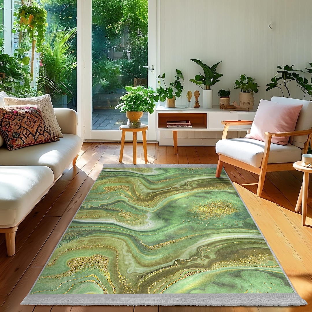 Swirling Green Designs Area Rug-gold Vein Pattern Mat-mottled Green Rug ...