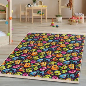Colorful Cartoon Numbers Kids Room Rug-Playful Shapes Learning Nursery Carpet-Fun Math Adventures Child Room Rug-Educational Playmat