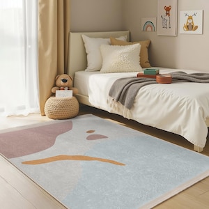Modern Abstract Shapes Kids Room Rug-Soft Earthy Tones Nursery Carpet-Geometric Art Child Room Rug-Elegant Pastel Baby Playmat-Toodler Mat