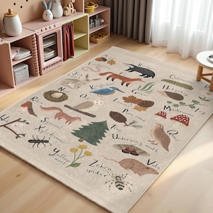 Nature Alphabet Fun Kids Room Rug-Animal Learning Design Nursery Rug-Nature Inspired Baby Room Rug-Educational Wildlife Playmat