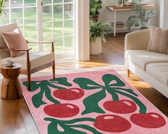 Cherry Ribbon Area Rug|Berry Bow Design Mat|Pink Non Slip Carpet|Floral Accent Rug|Green Machine Washable Mat|Vivid Fruit Runner