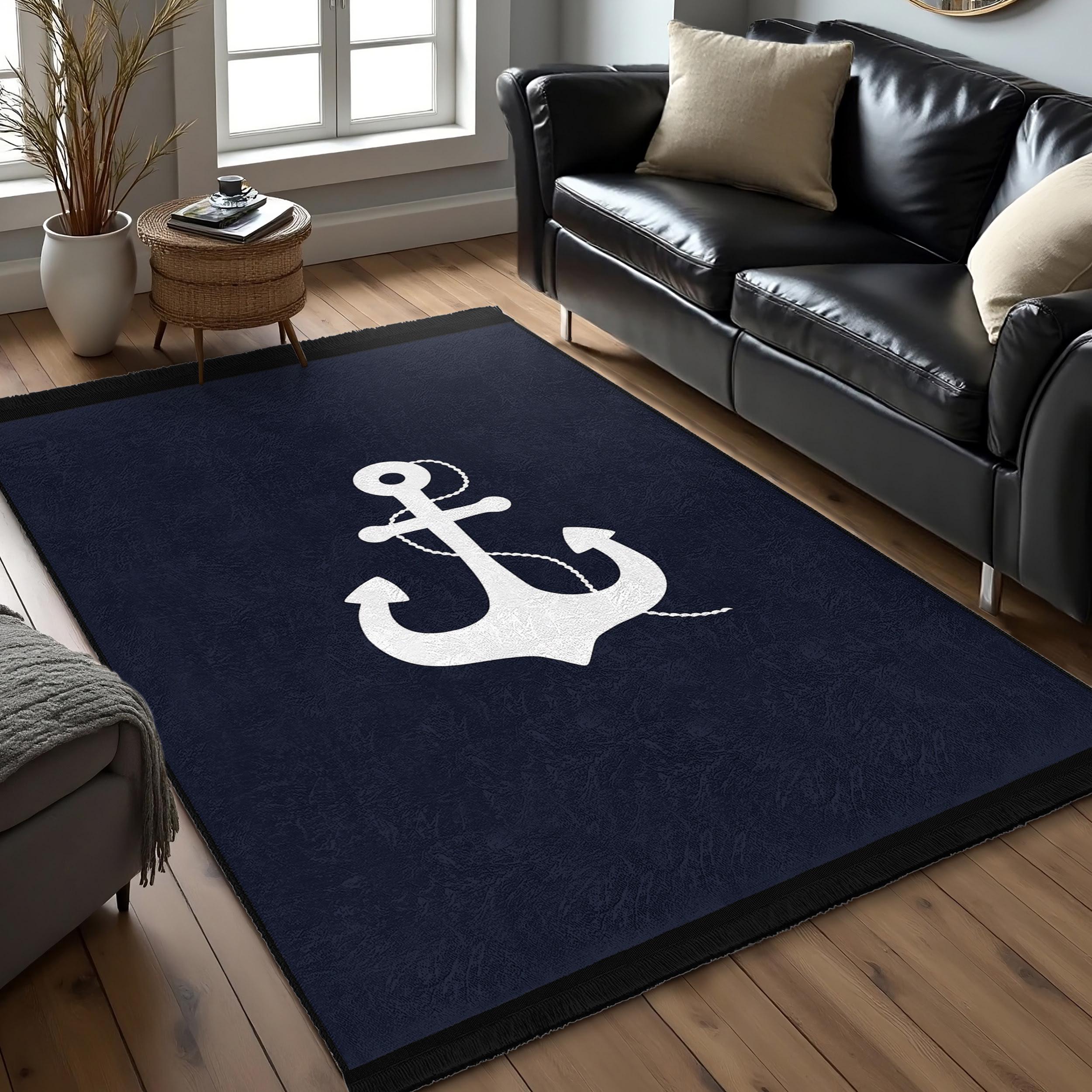 Nautical Anchor Navy Area Rug-white Anchor Nautical Mat-coastal Living ...