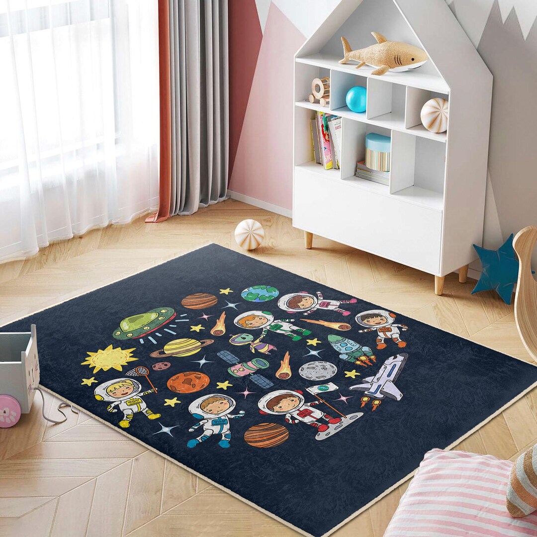 Moon Rover Play Rug Astronaut Space Adventure Kids Room Rug-celestial Adventure Astronaut ...