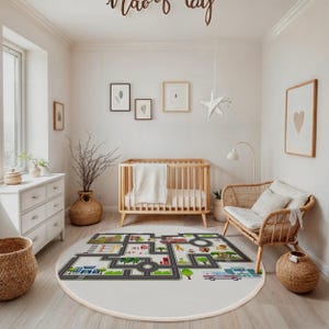 Stadswegen spelen kinderkamer rond tapijt - stadsplattegrond straat avontuur cirkeltapijt - voertuigreis cirkelmat - interactief leuk kinderkamertapijt