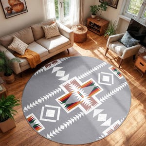 Gray Geometric Tribal Round Rug-Triangle Diamond Arrow Circle Carpet-Southwestern Living Room Rug-Native American Oval Mat-Trend Carpet