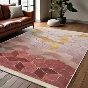 Hexagon Cube Accent Rug-Tri Color Geometric Carpet-Modern Pink Square Rug-Gold Tone Floor Mat-Cube Design Living Room Throw Rug