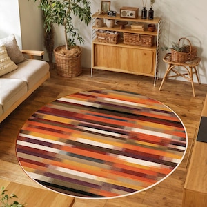 Colorful Striped Bohemian Round Rug-Warm Toned Linear Circle Carpet-Modern Oval Mat-Living Room Trend Carpet-Vintage Style Round Carpet