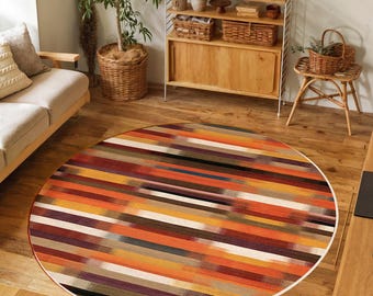 Colorful Striped Bohemian Round Rug-Warm Toned Linear Circle Carpet-Modern Oval Mat-Living Room Trend Carpet-Vintage Style Round Carpet