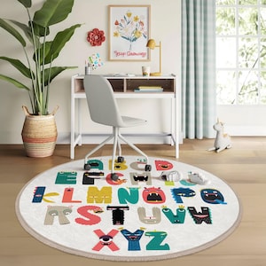 Alfombra redonda con alfabeto de monstruos para habitación infantil, alfombra circular con letras de criaturas, alfombra colorida para guardería con el alfabeto, alfombra redonda divertida y antideslizante.