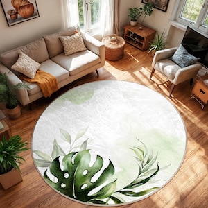 Leafy Elegance Circle Carpet-Tropical Green Leaf Rug-Exotic Nature Pattern Round Rug-Monstera Living Room Mat-Trend Circle Decor