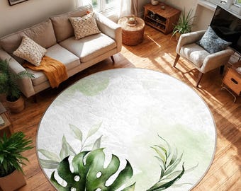 Leafy Elegance Circle Carpet-Tropical Green Leaf Rug-Exotic Nature Pattern Round Rug-Monstera Living Room Mat-Trend Circle Decor