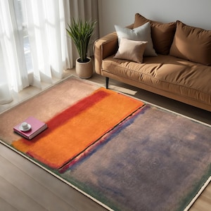 Rothko Inspired Area Rug|Bold Block Texture Mat|Vibrant Orange Red Accent Carpet|Modern Abstract Area Rug|Multicolor Anti-Slip Throw Rug