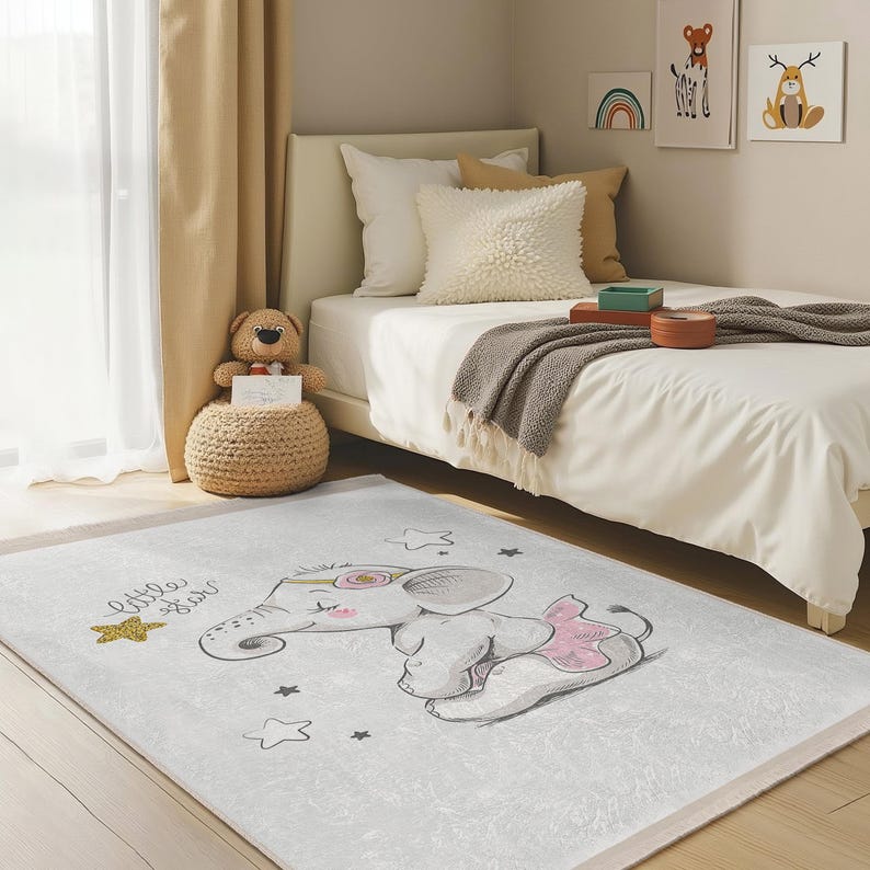 Cute Elephant Design Kids Room Rug-star Motif Nursery Carpet-adorable ...