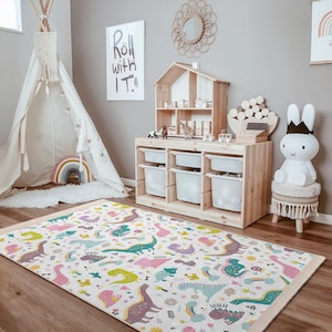 Colorful Dinosaur Adventure Kids Room Rug-Dinosaur Texture Interactive Nursery Carpet-Vibrant Dino Playmat-Creative Dino Fun Child Room Rug