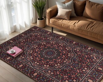 Intricate Mandala Design Area Rug-Medieval Floral Pattern Mat-Red Oriental Accent Carpet-Ethnic Living Room Rug-Vintage Anti-Slip Runner