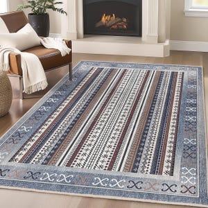 Southwestern Stripe Accent Rug - Blue Geometric Tribal Carpet - Ethnic Living Room Mat - Striped Patterned Area Rug - Earth Tone Throw Rug