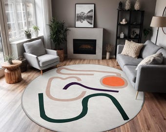 Abstract Minimalist Modern Circle Carpet - Colorful Curved Lines Round Rug - Beige Tone Circle Mat - Living Room Rug - Trend Carpet