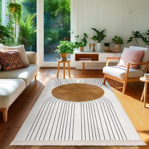 Concentric Lines Circle Area Rug-Mid Century Modern Accent Carpet-Geometric Living Room Mat-Brown Sunburst Square Rug-Futuristic Decor Rug
