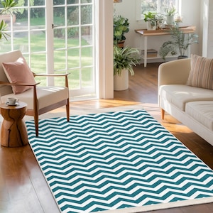 Teal Chevron Area Rug-Zigzag Pattern Accent Mat-Geometric Anti-Slip Carpet-Modern Floor Rug-Washable Living Room Rug-Contemporary Runner