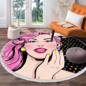 Pop Art Portrait Round Rug-Dotted Colorful Circle Carpet-Fashion Girl Living Room Decor-Pink Hair Circle Mat-Vibrant Anti-slip Carpet