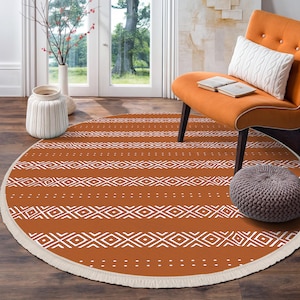 Terracotta Geometric Circle Carpet - White Striped Tribal Round Rug - Bohemian Living Room Rug - Modern Decor Round Carpet - Trend Oval Mat