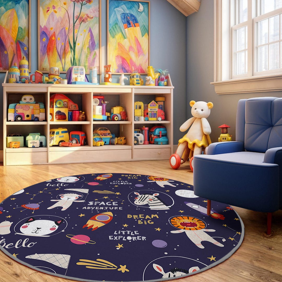 Astronaut Adventure Kids Room Round Rug-space Animals Circle Carpet ...