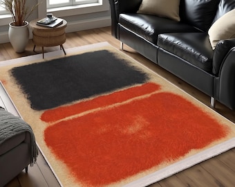 Rustic Abstract Rothko Area Rug-Vibrant Black and Orange Accent Carpet-Modern Art Inspired Throw Rug-Textured Square Rug-Trendy AntiSlip Mat