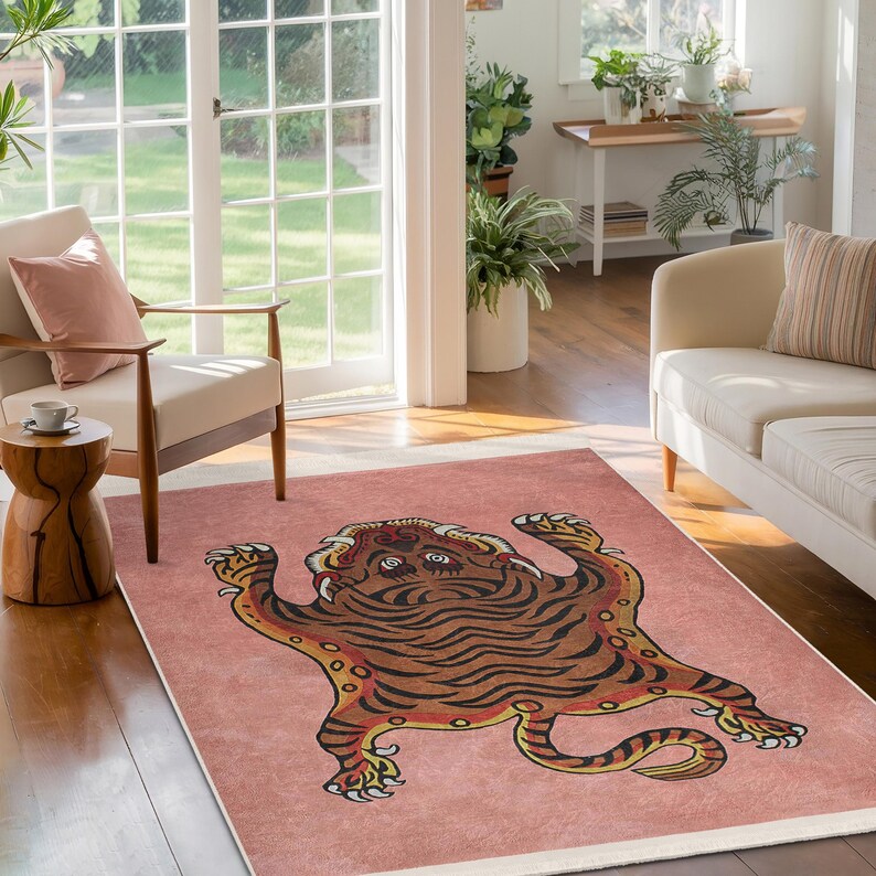 Pink Tiger Area Rug - Playful Jungle Mat Area Carpet