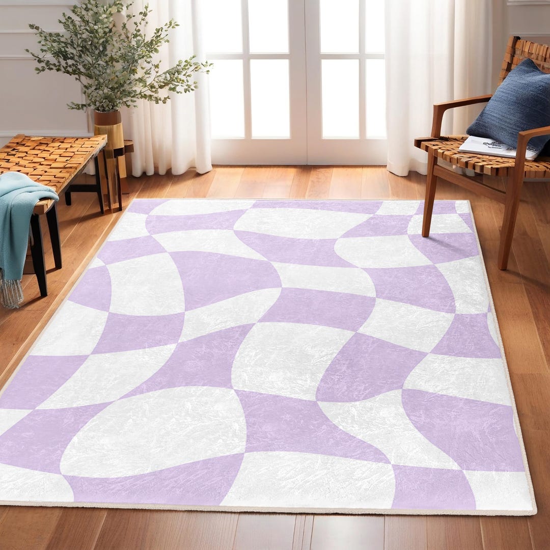 Wave Purple White Area Rug-curved Checkered Accents Mat-trendy Non Slip ...