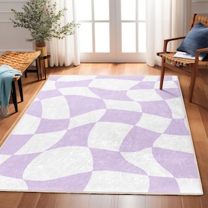 Wave Purple White Area Rug-Curved Checkered Accents Mat-Trendy Non Slip Carpet-Modern Living Room Throw rug-Stylish Pastel Area Mat