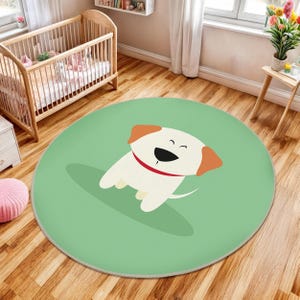 Cute Puppy Green Circle Carpet-Sweet Canine Cartoon Mat-Adorable Dog Kids Room Rug-Nursery Circle Mat-Playroom Decor Oval Carpet