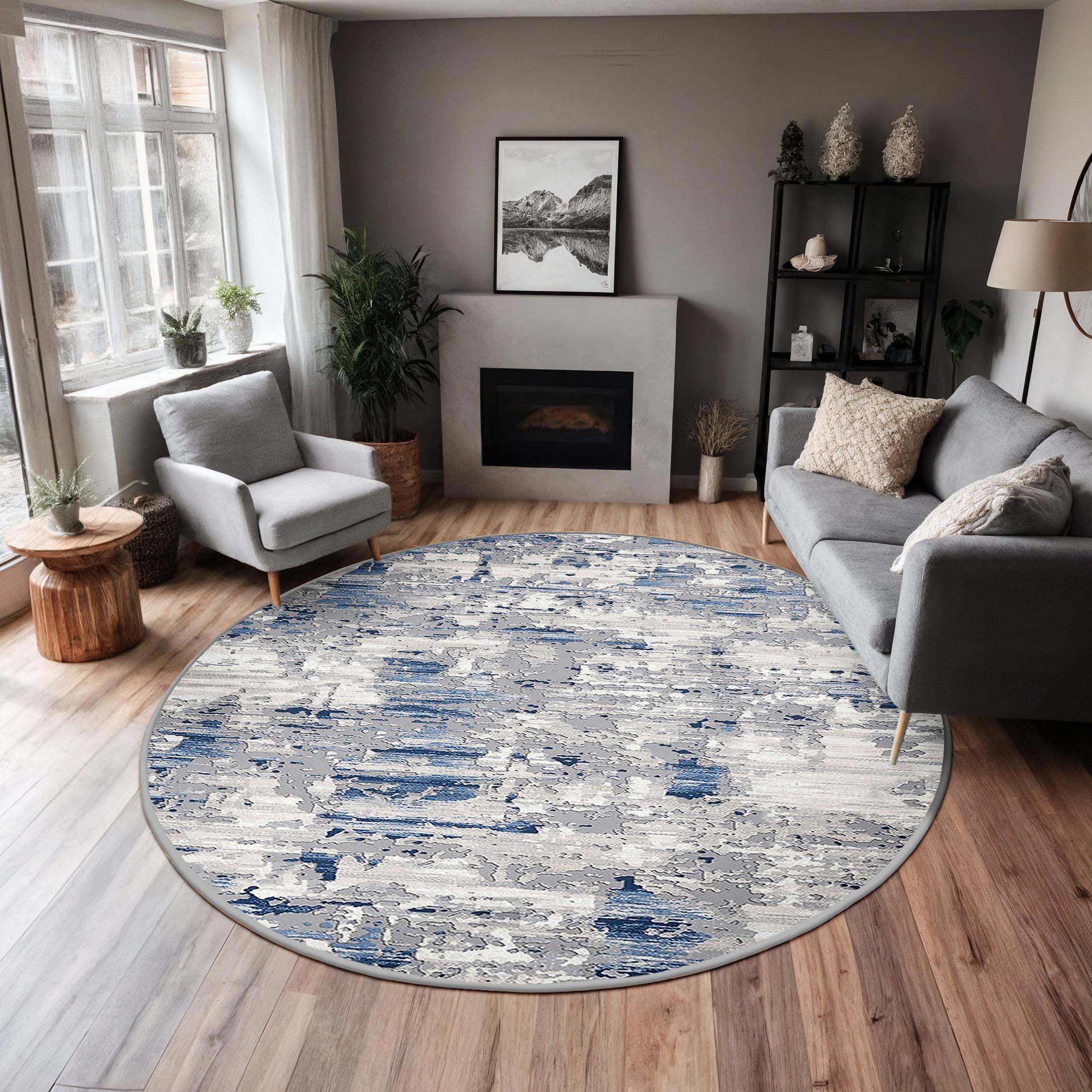 Abstract Gray Blue Circle Carpet-distressed Brush Stroke Round Rug