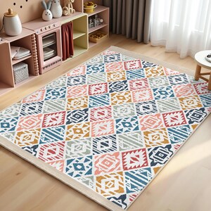 Aztec Multicolor Diamond Nursery Carpet-Colorful Geometric Shapes Kids Room Rug-Bohemian Pattern Playmat-Modern Mosaic Child Room Rug