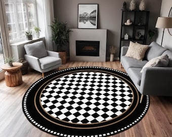Black Floral Circle Carpet-checkered Border Round Rug-vintage