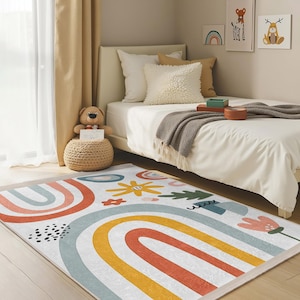 Colorful Floral Rainbow Nursery Carpet-Curved Lines Geometry Kids Room Rug-Orange Flower Playmat-Nature Themed Baby Room Rug-Toodler Mat