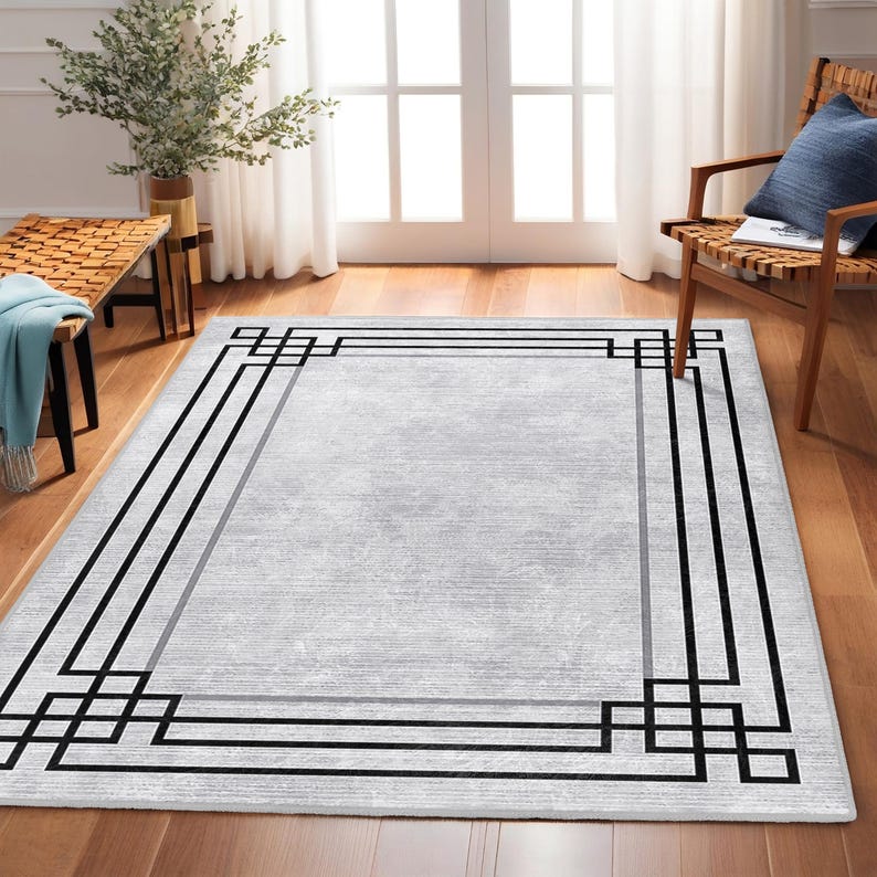 Linear Geometric Rug Gray Linear Border Area Rug - Black Geometric Frame Accent Carpet ...
