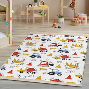 Construction Vehicle Fun Kids Room Rug-Crane Bulldozer Digger Nursery Carpet-Vibrant Yellow Child Room Rug-Playful Traffic Cone Playmat