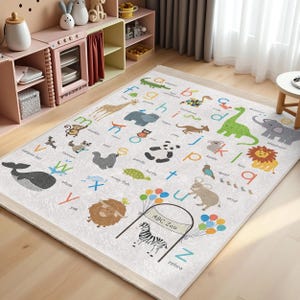 Colorful Animal Alphabet Kids Room Rug-Zoo Safari Nursery Carpet-Illustrated Letters Playmat-Creative Learning Child Room Rug