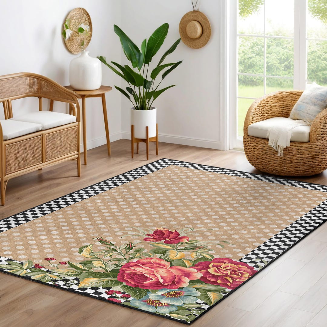 Large Corner Rug Floral Beige Area Rug-checkered Border Accent Carpet-botanical Corner ...